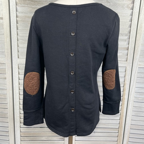 Tops - Crewneck Sweatshirt w Back Button Details and Elbow Patches Black-Large